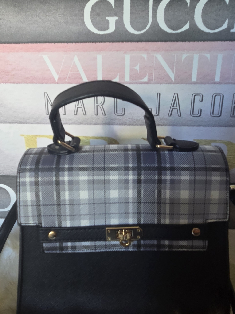 Source Unknown Black and Gray Plaid Top-Handle Satchel